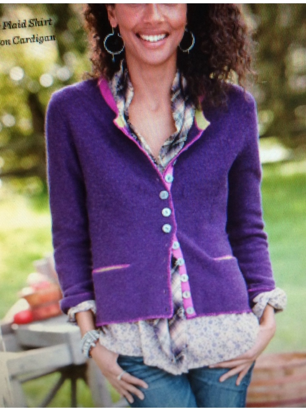 Sundance button down sweater in purple with pink and lime